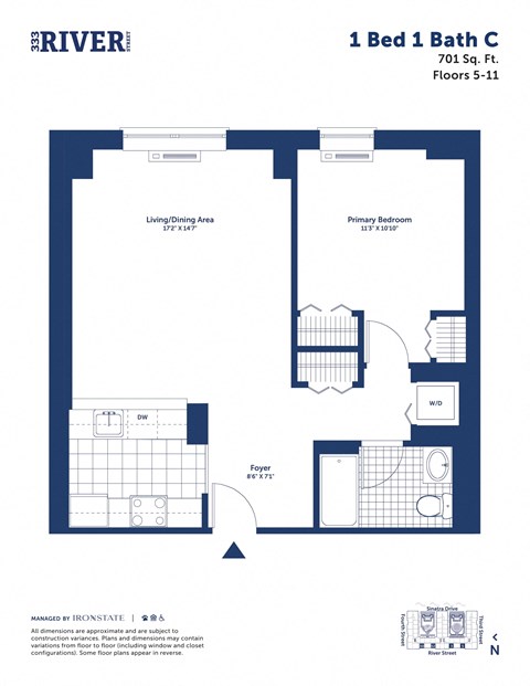 Floor plan for 1 bed, 1 bath, 701 sqft